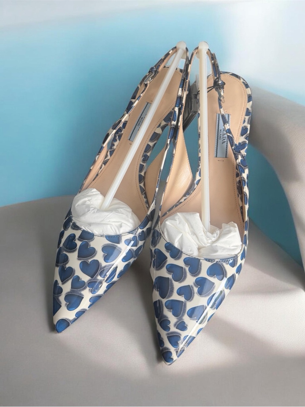 Prada White Patent Slingbacks with Blue Heart Print